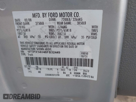 2008 Ford F-150 XLT with VIN 1FTPX14V48FB32449, listed as a IAAI auction lot 42345105 with 167,793 mi miles and . Bid and sale history available at DreamBid. Image 9.