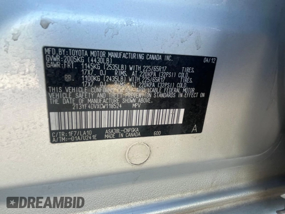 2012 Toyota RAV4 Limited with VIN 2T3YF4DVXCW118524, listed as a Copart auction lot 65287005 with 205,838 mi miles and Clean title. Bid and sale history available at DreamBid. Image 10.