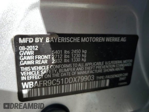 2013 BMW 5 Series 550i with VIN WBAFR9C51DDX79903, listed as a Copart auction lot 47576945 with 109,588 mi miles and Clean Title. Bid and sale history available at carsss.com. Image 12.