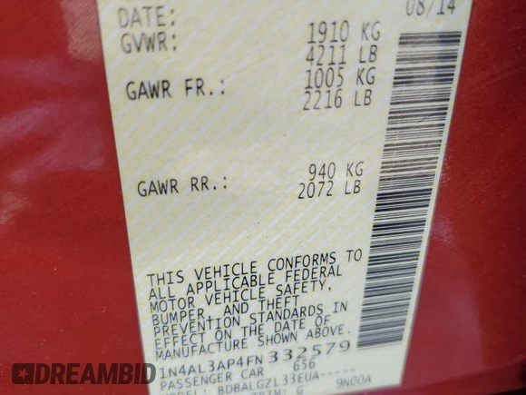 2015 Nissan Altima SL with VIN 1N4AL3AP4FN332579, listed as a Copart auction lot 53577195 with 138,083 mi miles and Salvage Title. Bid and sale history available at DreamBid. Image 12.