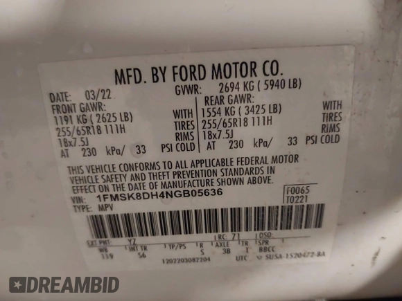 2022 Ford Explorer XLT z VIN 1FMSK8DH4NGB05636, wystawiony jako IAAI lot #42211545 z przebiegiem 55 366 mil mil oraz . Historia ofert i sprzedaży dostępna na DreamBid. Obrazek 9.