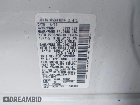 2014 Nissan Murano SL with VIN JN8AZ1MUXEW413162, listed as a IAAI auction lot 42036782 with 87,780 mi miles and . Bid and sale history available at carsss.com. Image 9.