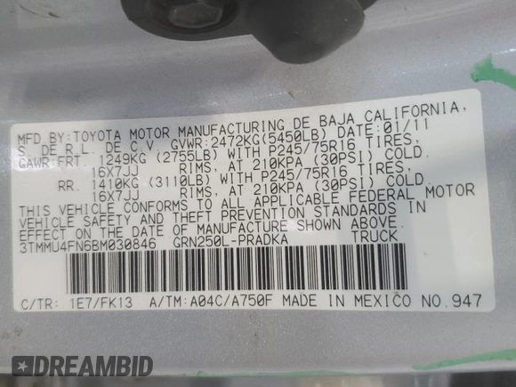 2011 Toyota Tacoma with VIN 3TMMU4FN6BM030846, listed as a Copart auction lot 52329915 with 96,368 mi miles and Salvage title. Bid and sale history available at DreamBid. Image 12.