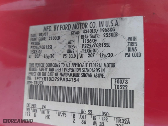 2002 Ford Ranger XL with VIN 1FTYR10D72PA04154, listed as a IAAI auction lot 41680681 with 170,079 mi miles. Bid and sale history available at carsss.com. Image 9.