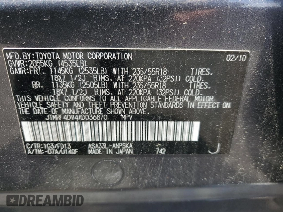 2010 Toyota RAV4 Sport с VIN JTMRF4DV4AD036870, выставлен на аукционе Copart как лот 60025545 с пробегом 168 010 миль миль и Чистый • Clean title. История ставок и продаж доступна на DreamBid. Изображение 13.