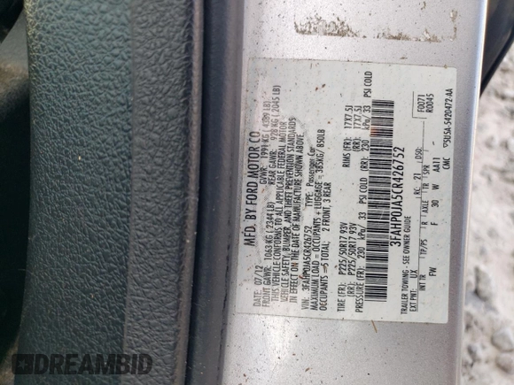 2012 Ford Fusion SEL с VIN 3FAHP0JA5CR426752, выставлен на аукционе Copart как лот 45323465 с пробегом 166 904 миль миль и На запчасти • Non repairable. История ставок и продаж доступна на DreamBid. Изображение 12.