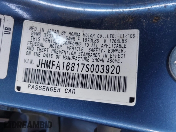 2007 Honda Civic EX with VIN JHMFA16817S003920, listed as a IAAI auction lot 42148836 with 204,112 mi miles and . Bid and sale history available at DreamBid. Image 9.