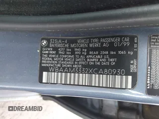 1999 BMW 3 Series 323i with VIN WBAAM3332XCA80930, listed as a IAAI auction lot 41827318 with 93,055 mi miles. Bid and sale history available at carsss.com. Image 9.