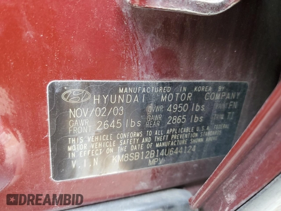 2004 Hyundai Santa Fe with VIN KM8SB12B14U644124, listed as a Copart auction lot 41509435 with 138,586 mi miles and Clean Title. Bid and sale history available at carsss.com. Image 13.