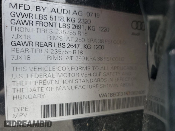 2019 Audi Q3 Premium Plus with VIN WA1BECF31K1082406, listed as a Copart auction lot 58633173 with 7,619 mi miles. Bid and sale history available at carsss.com. Image 15.
