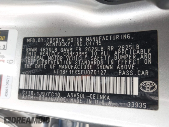 2015 Toyota Camry XLE with VIN 4T1BF1FK5FU070127, listed as a IAAI auction lot 41381774 with 94,217 mi miles. Bid and sale history available at carsss.com. Image 9.