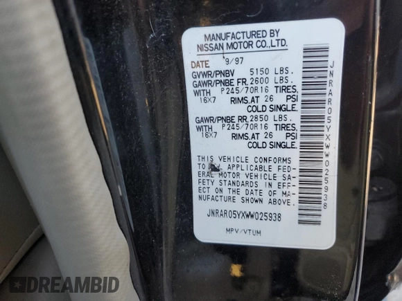 1998 Infiniti QX4 with VIN JNRAR05YXWW025938, listed as a Copart auction lot 49781395 with 111,967 mi miles and Salvage Title. Bid and sale history available at DreamBid. Image 14.