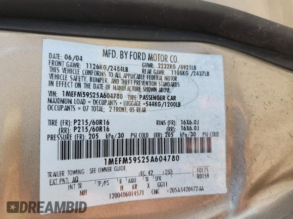 2005 Mercury Sable LS Premium with VIN 1MEFM59S25A604780, listed as a Copart auction lot 62909095 with 113,909 mi miles and Non repairable. Bid and sale history available at DreamBid. Image 13.