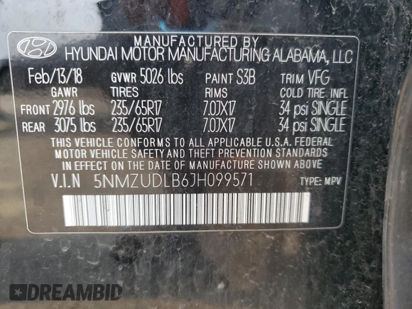 2018 Hyundai Santa Fe 2.4L with VIN 5NMZUDLB6JH099571, listed as a Copart auction lot 60960385 with 147,004 mi miles and Salvage title. Bid and sale history available at DreamBid. Image 13.