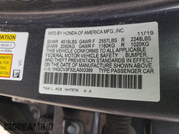 2020 Honda Accord EX-L with VIN 1HGCV3F52LA003369, listed as a Copart auction lot 56007505 with 126,567 mi miles and Non repairable. Bid and sale history available at DreamBid. Image 12.