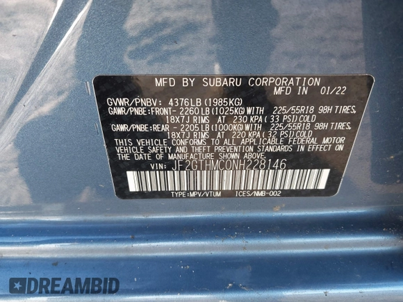 2022 Subaru Crosstrek Limited с VIN JF2GTHMC0NH228146, выставлен на аукционе IAAI как лот 41208583 с пробегом 11 200 миль миль и . История ставок и продаж доступна на DreamBid. Изображение 9.