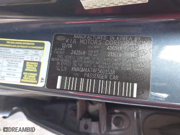 2015 Kia Optima LX with VIN KNAGM4A74F5601538, listed as a IAAI auction lot 41650956 with 137,916 mi miles. Bid and sale history available at carsss.com. Image 9.