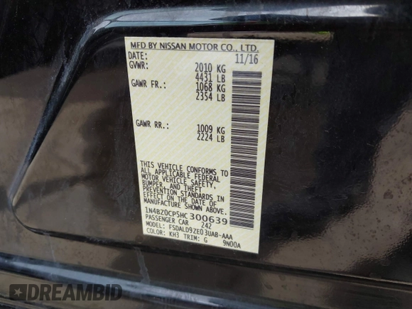 2017 Nissan LEAF SV with VIN 1N4BZ0CP5HC300639, listed as a IAAI auction lot 41871728 with 65,866 mi miles and . Bid and sale history available at DreamBid. Image 9.