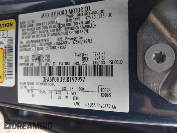 2018 Ford Fusion SE with VIN 3FA6P0HD9JR192927, listed as a IAAI auction lot 42616919 with 90,623 mi miles and . Bid and sale history available at DreamBid. Image 9.