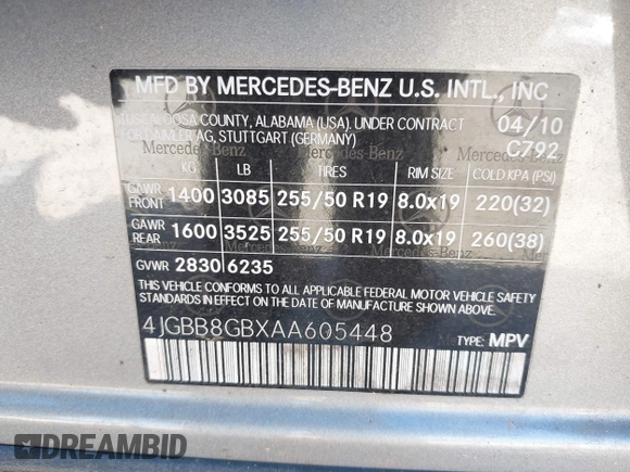 2010 Mercedes-Benz M 350 with VIN 4JGBB8GBXAA605448, listed as a IAAI auction lot 42062922 with 84,529 mi miles and . Bid and sale history available at DreamBid. Image 9.