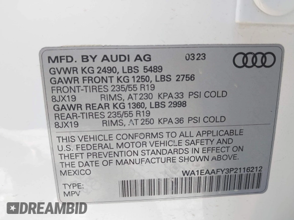 2023 Audi Q5 S line Premium Plus z VIN WA1EAAFY3P2116212, wystawiony jako IAAI lot #41779665 z przebiegiem 32 605 mil mil oraz . Historia ofert i sprzedaży dostępna na DreamBid. Obrazek 9.