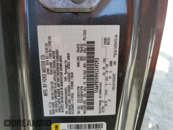 2017 Ford Mustang EcoBoost with VIN 1FA6P8TH9H5249293, listed as a Copart auction lot 44926865 with 146,917 mi miles and Salvage title. Bid and sale history available at DreamBid. Image 12.