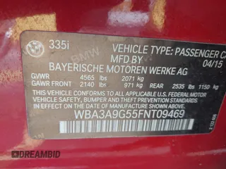 2015 BMW 3 Series 335i with VIN WBA3A9G55FNT09469, listed as a IAAI auction lot 42825493 with 96,735 mi miles and . Bid and sale history available at DreamBid. Image 9.