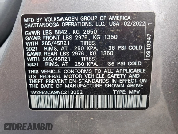2022 Volkswagen Atlas SEL Premium R-Line with VIN 1V2FE2CA9NC213092, listed as a Copart auction lot 43430625 with 53,426 mi miles and Salvage title. Bid and sale history available at DreamBid. Image 12.