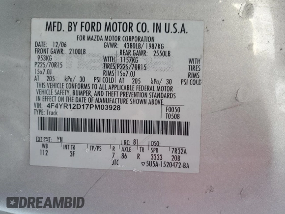 2007 Mazda B-Series 2WD Truck with VIN 4F4YR12D17PM03928, listed as a Copart auction lot 42134455 with 194,505 mi miles and Salvage Title. Bid and sale history available at carsss.com. Image 15.