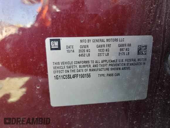 2015 Chevrolet Malibu LT with VIN 1G11C5SL4FF190156, listed as a Copart auction lot 43592415 with 141,651 mi miles and Salvage Title. Bid and sale history available at DreamBid. Image 14.