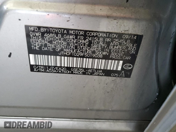 2015 Lexus IS 250 with VIN JTHCF1D29F5019038, listed as a Copart auction lot 53210275 with 55,348 mi miles and Salvage Title. Bid and sale history available at DreamBid. Image 13.