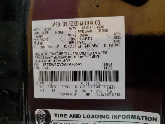 2010 Ford F-150 with VIN 1FTEW1CV3AFA48561, listed as a Copart auction lot 56859225 with 170,896 mi miles and Clean title. Bid and sale history available at DreamBid. Image 12.