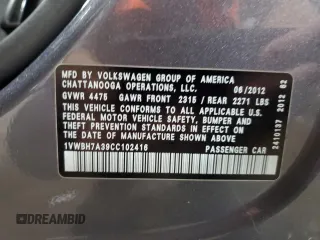 2012 Volkswagen Passat SE with VIN 1VWBH7A39CC102416, listed as a Copart auction lot 61557405 with 170,034 mi miles and Salvage title. Bid and sale history available at DreamBid. Image 12.