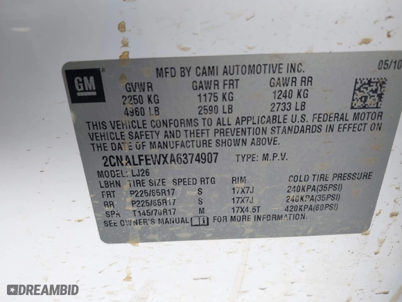 2010 Chevrolet Equinox LTZ with VIN 2CNALFEWXA6374907, listed as a IAAI auction lot 41255049 with 193,055 mi miles. Bid and sale history available at carsss.com. Image 9.