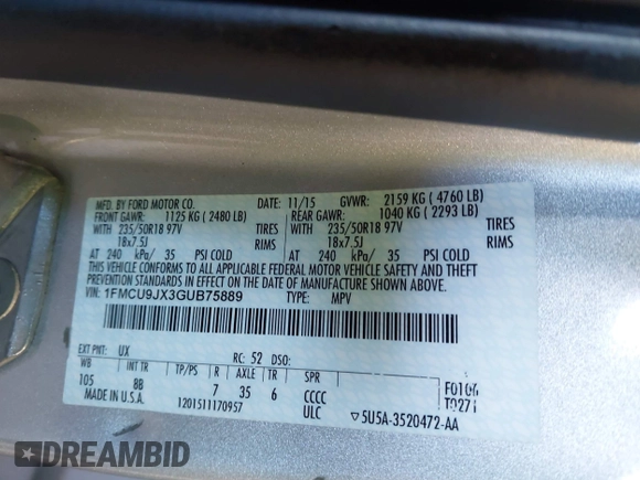 2016 Ford Escape Titanium с VIN 1FMCU9JX3GUB75889, выставлен на аукционе IAAI как лот 42188565 с пробегом 121 638 миль миль и . История ставок и продаж доступна на DreamBid. Изображение 9.