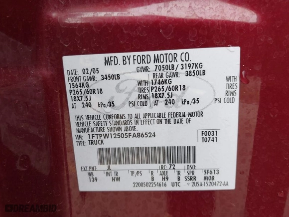 2005 Ford F-150 XLT with VIN 1FTPW12505FA86524, listed as a IAAI auction lot 41782919 with 80,549 mi miles. Bid and sale history available at carsss.com. Image 9.