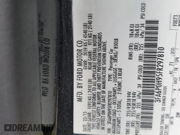 2015 Ford Fusion SE with VIN 3FA6P0H95FR297810, listed as a Copart auction lot 63786015 with 137,793 mi miles and Salvage title. Bid and sale history available at DreamBid. Image 12.