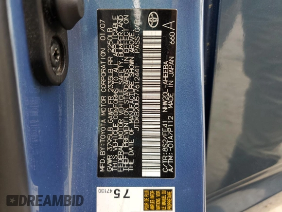 2007 Toyota Prius with VIN JTDKB20U577612441, listed as a Copart auction lot 54551315 with 185,562 mi miles and Salvage Title. Bid and sale history available at DreamBid. Image 12.