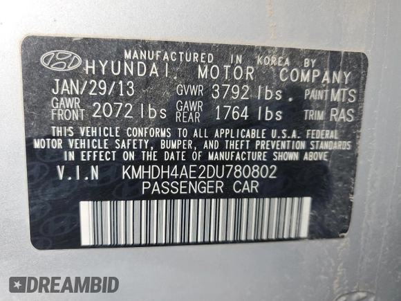2013 Hyundai Elantra Limited with VIN KMHDH4AE2DU780802, listed as a Copart auction lot 56385425 with 163,853 mi miles and Clean Title. Bid and sale history available at DreamBid. Image 13.
