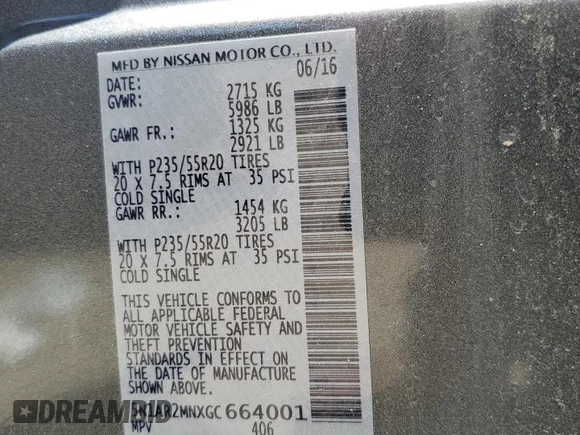 2016 Nissan Pathfinder Platinum with VIN 5N1AR2MNXGC664001, listed as a Copart auction lot 56388445 with 101,868 mi miles and Salvage title. Bid and sale history available at DreamBid. Image 13.
