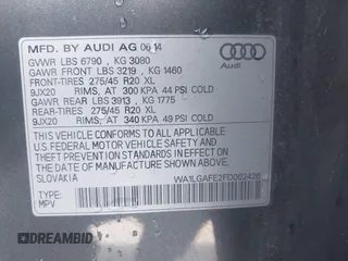 2015 Audi Q7 Premium Plus with VIN WA1LGAFE2FD002426, listed as a IAAI auction lot 42004603 with 84,793 mi miles and . Bid and sale history available at DreamBid. Image 9.