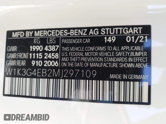 2021 Mercedes-Benz A 220 with VIN W1K3G4EB2MJ297109, listed as a IAAI auction lot 41637260 with 67,309 mi miles and . Bid and sale history available at DreamBid. Image 9.