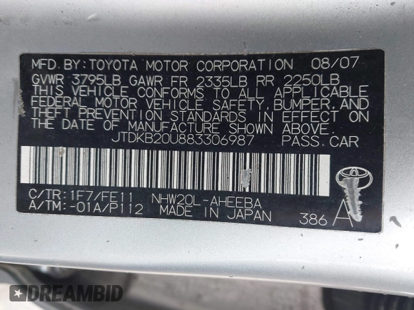 2008 Toyota Prius with VIN JTDKB20U883306987, listed as a IAAI auction lot 41976795 with 221,731 mi miles and . Bid and sale history available at carsss.com. Image 9.
