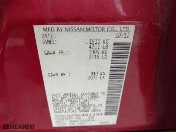 2013 Nissan Altima 2.5 SV with VIN 1N4AL3AP5DN464294, listed as a IAAI auction lot 41916603 with 102,401 mi miles. Bid and sale history available at carsss.com. Image 9.