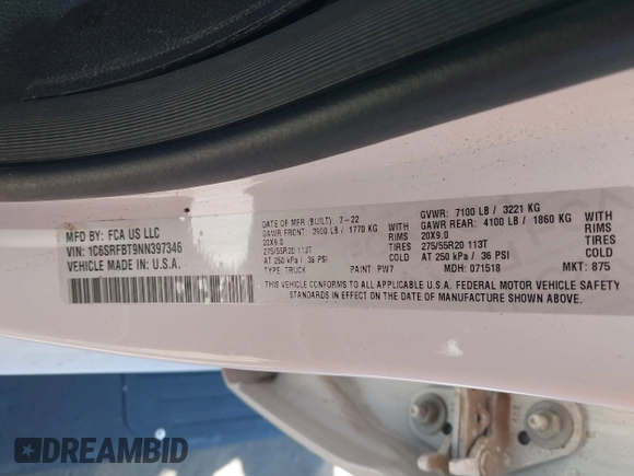 2022 Ram 1500 Big Horn with VIN 1C6SRFBT9NN397346, listed as a IAAI auction lot 42327129 with Not provided miles and . Bid and sale history available at DreamBid. Image 9.
