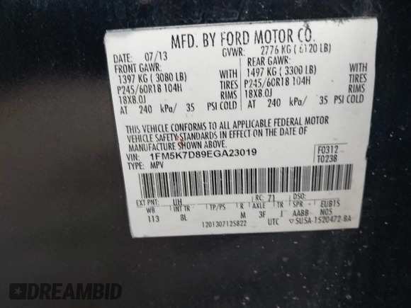 2014 Ford Explorer XLT z VIN 1FM5K7D89EGA23019, wystawiony jako IAAI lot #42706931 z przebiegiem 175 077 mil mil oraz . Historia ofert i sprzedaży dostępna na DreamBid. Obrazek 9.
