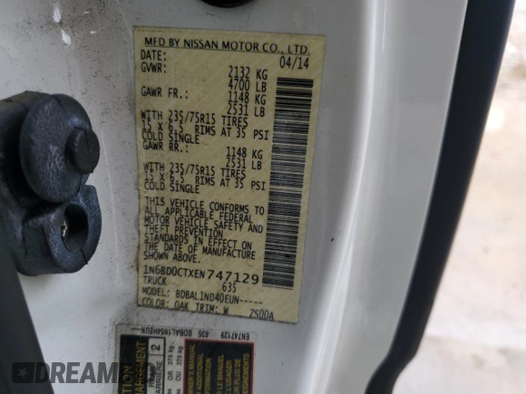 2014 Nissan Frontier S with VIN 1N6BD0CTXEN747129, listed as a Copart auction lot 60246865 with 117,612 mi miles and Salvage title. Bid and sale history available at DreamBid. Image 12.