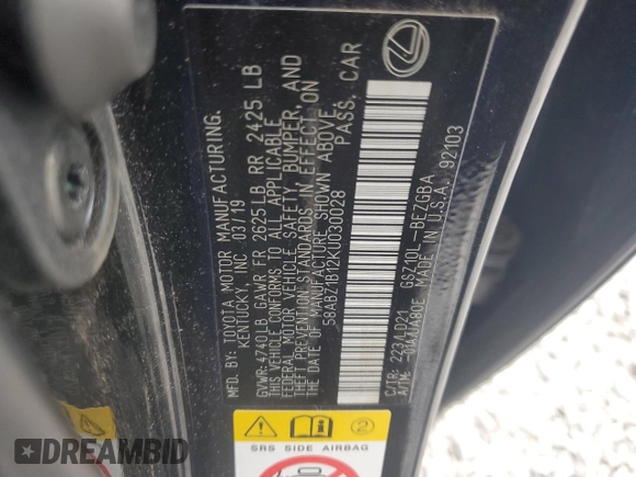 2019 Lexus ES 350 with VIN 58ABZ1B12KU030028, listed as a Copart auction lot 52530685 with 47,322 mi miles and Salvage Title. Bid and sale history available at DreamBid. Image 13.