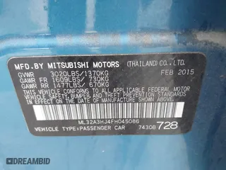 2015 Mitsubishi Mirage DE with VIN ML32A3HJ4FH045086, listed as a IAAI auction lot 42068823 with 83,250 mi miles. Bid and sale history available at carsss.com. Image 9.