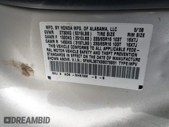 2008 Honda Odyssey EX-L with VIN 5FNRL387X8B075951, listed as a IAAI auction lot 42031880 with 190,233 mi miles. Bid and sale history available at carsss.com. Image 9.